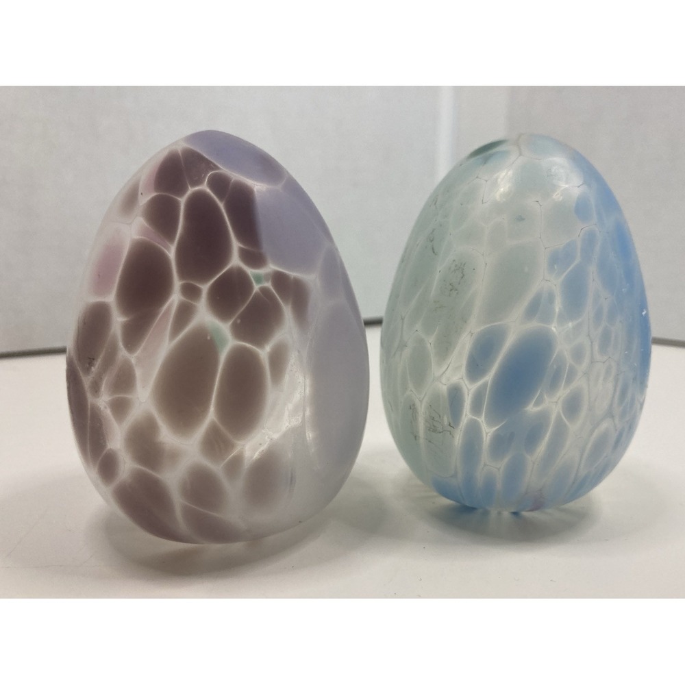 Vtg Set Of 2 Hand Blown Hollow Glass Egg Purple Blue Frosted Glass 3"